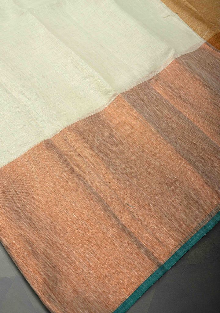 Off White Pure Linen by Linen Saree with Ganga Jamuna Zari Border