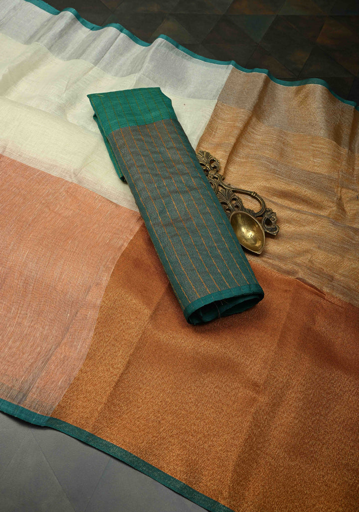 Off White Pure Linen by Linen Saree with Ganga Jamuna Zari Border