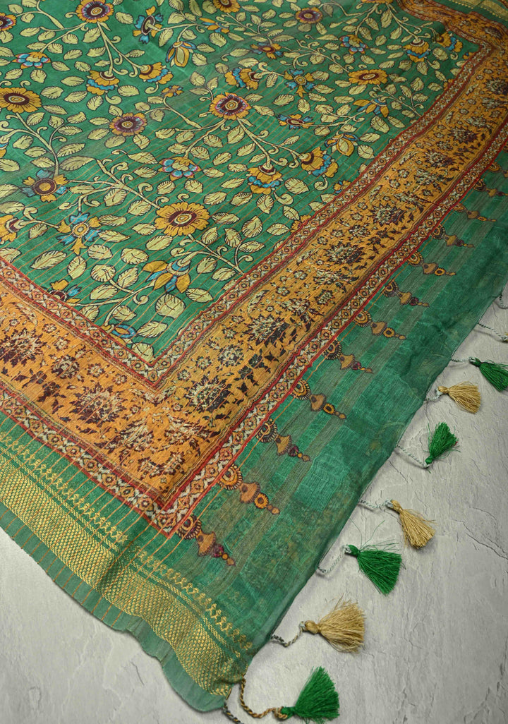 Green Silk Linen Saree with kalamakari Floral digital Print and Minimal Zari Border