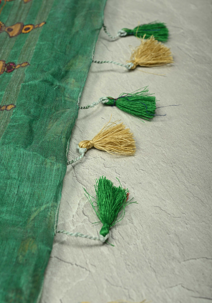 Green Silk Linen Saree with kalamakari Floral digital Print and Minimal Zari Border