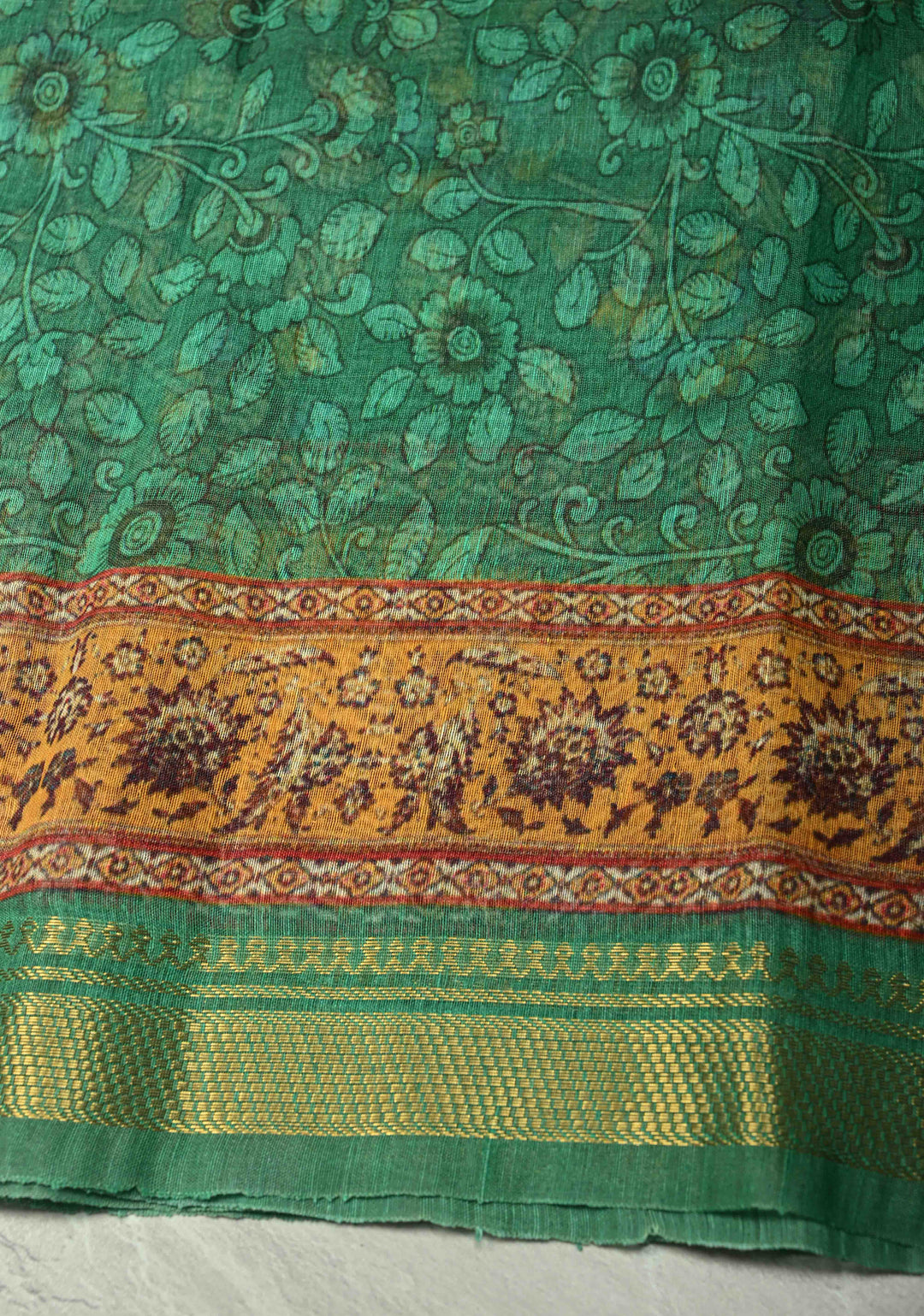 Green Silk Linen Saree with kalamakari Floral digital Print and Minimal Zari Border