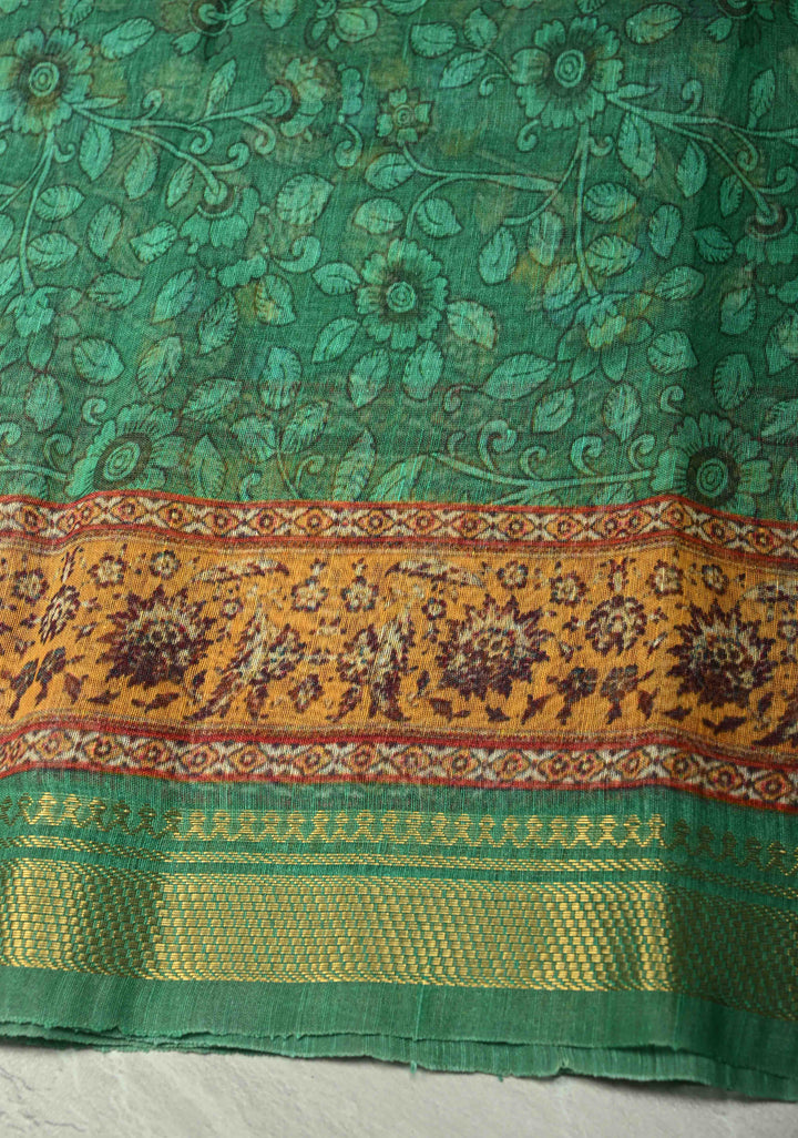 Green Silk Linen Saree with kalamakari Floral digital Print and Minimal Zari Border