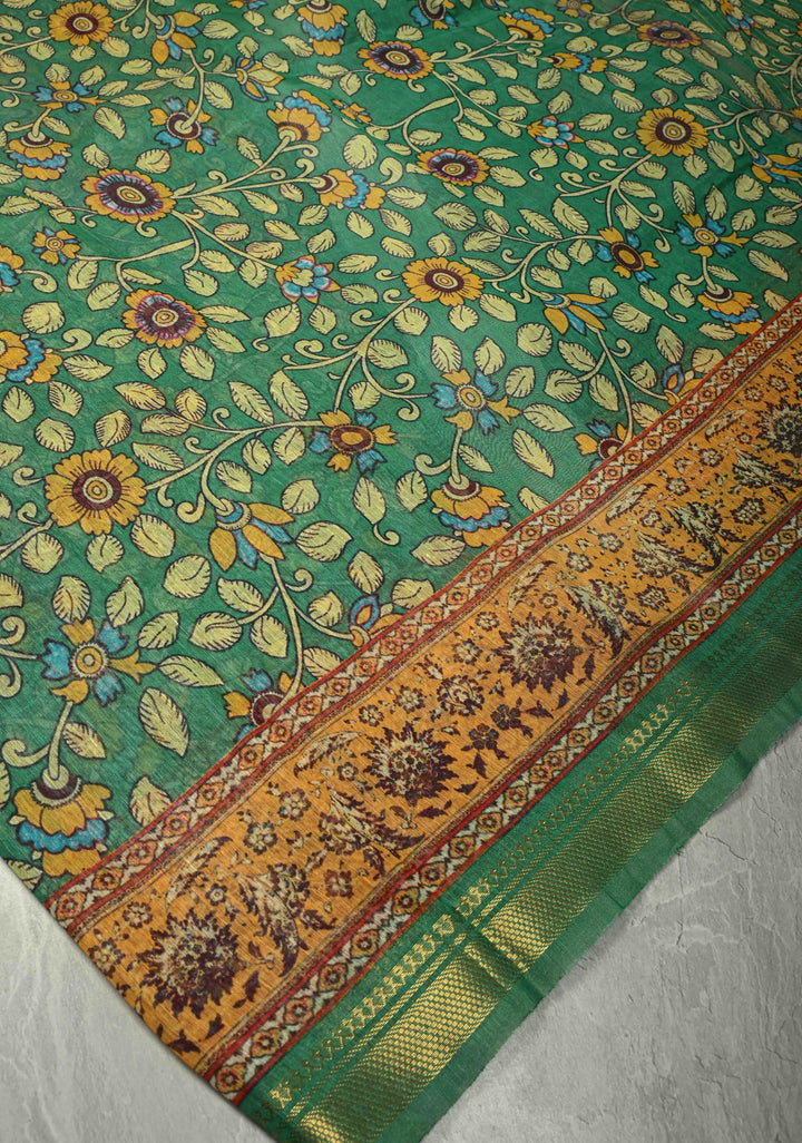 Green Silk Linen Saree with kalamakari Floral digital Print and Minimal Zari Border