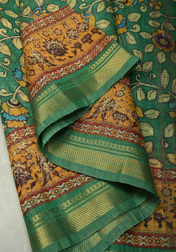 Green Silk Linen Saree with kalamakari Floral digital Print and Minimal Zari Border