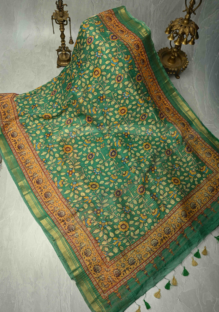 Green Silk Linen Saree with kalamakari Floral digital Print and Minimal Zari Border