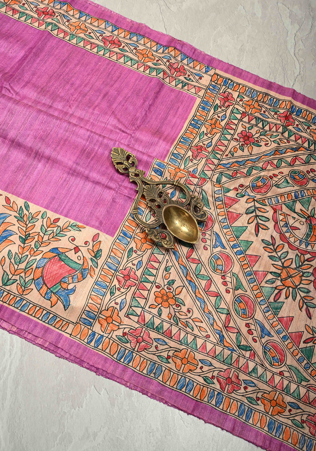 Rose Pink Madhubani hand painting on Geecha Tussar Silk Saree | SILK MARK CERTIFIED