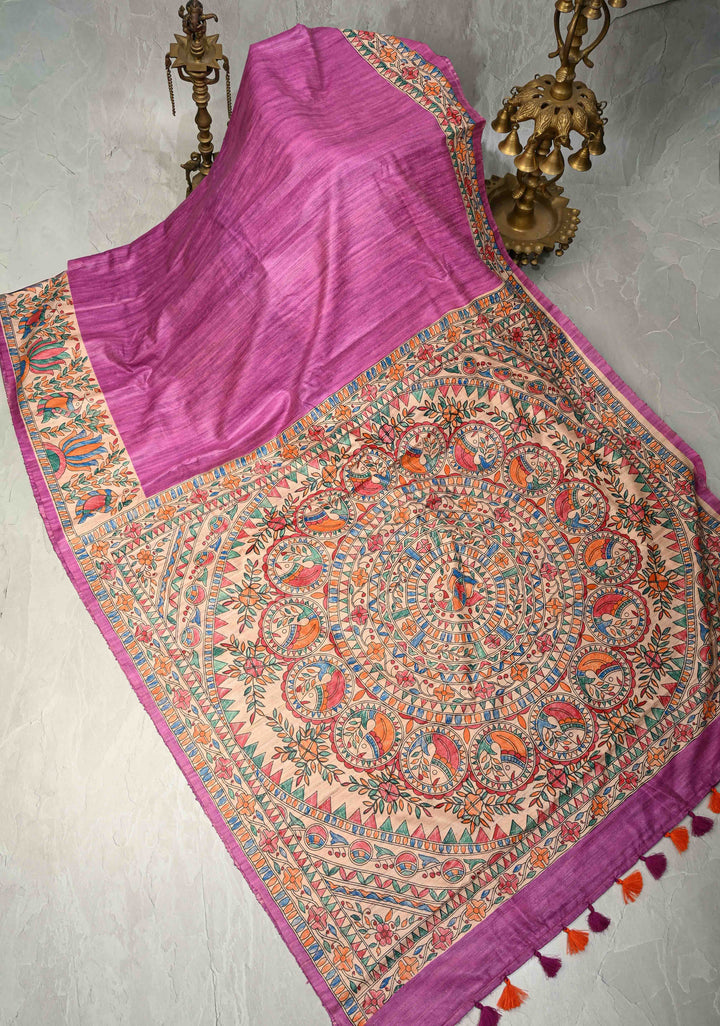 Rose Pink Madhubani hand painting on Geecha Tussar Silk Saree | SILK MARK CERTIFIED