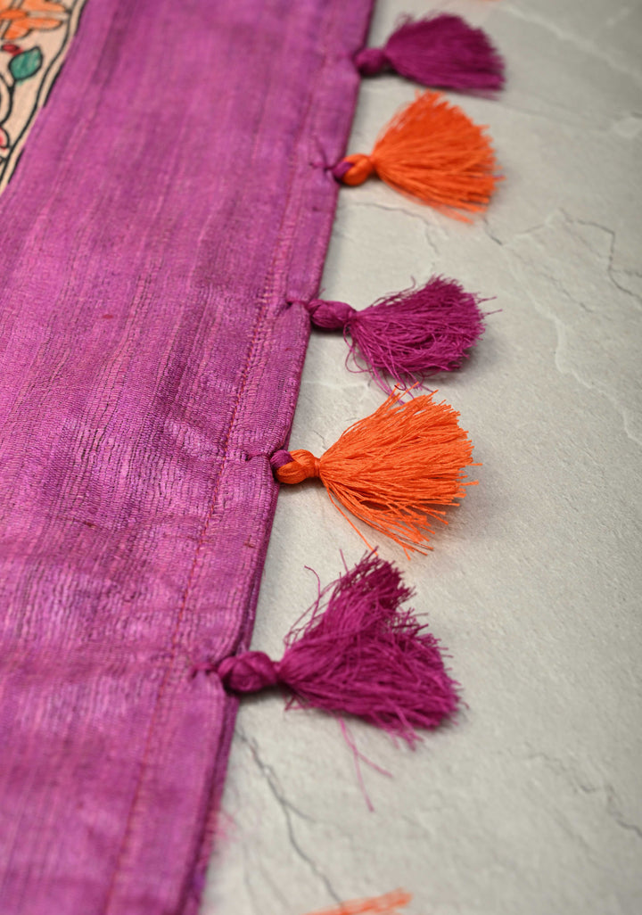 Rose Pink Madhubani hand painting on Geecha Tussar Silk Saree | SILK MARK CERTIFIED