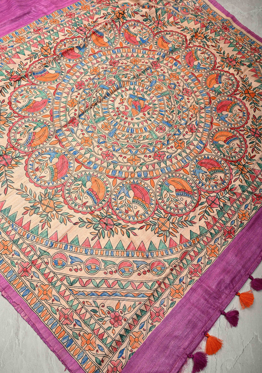Rose Pink Madhubani hand painting on Geecha Tussar Silk Saree | SILK MARK CERTIFIED