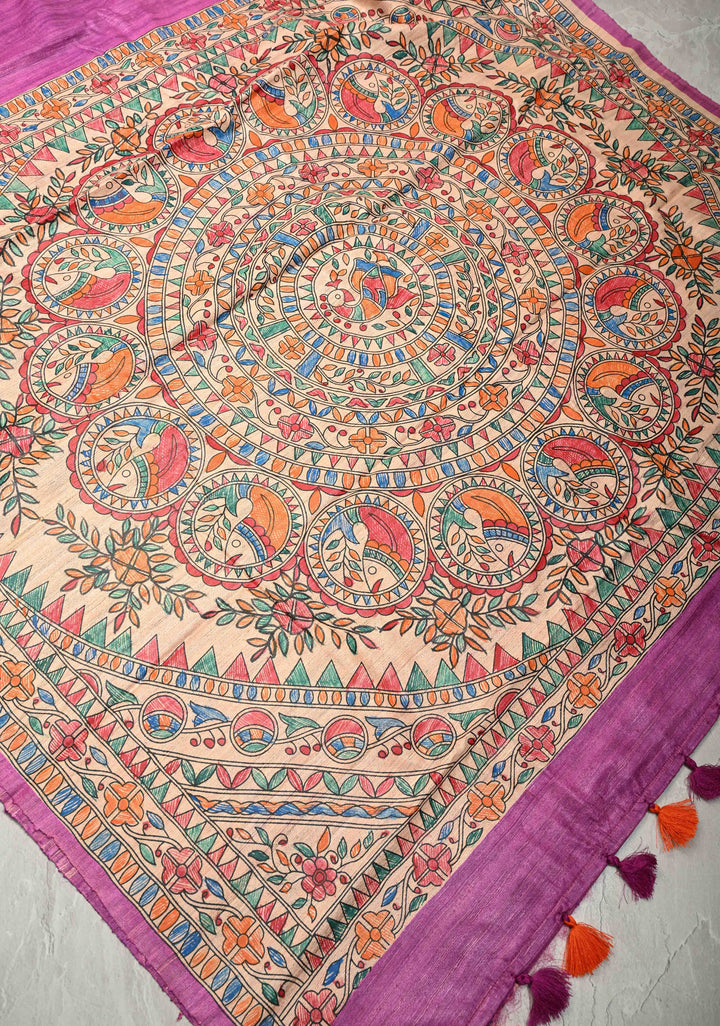 Rose Pink Madhubani hand painting on Geecha Tussar Silk Saree | SILK MARK CERTIFIED