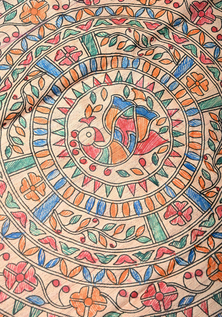 Rose Pink Madhubani hand painting on Geecha Tussar Silk Saree | SILK MARK CERTIFIED