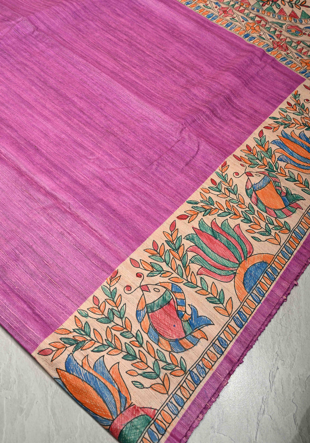 Rose Pink Madhubani hand painting on Geecha Tussar Silk Saree | SILK MARK CERTIFIED