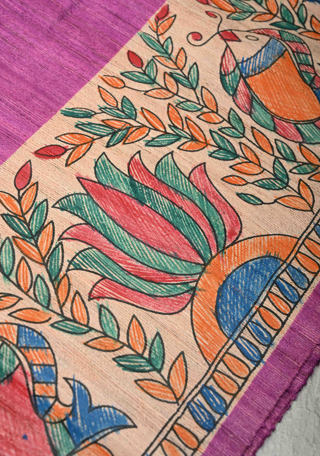 Rose Pink Madhubani hand painting on Geecha Tussar Silk Saree | SILK MARK CERTIFIED