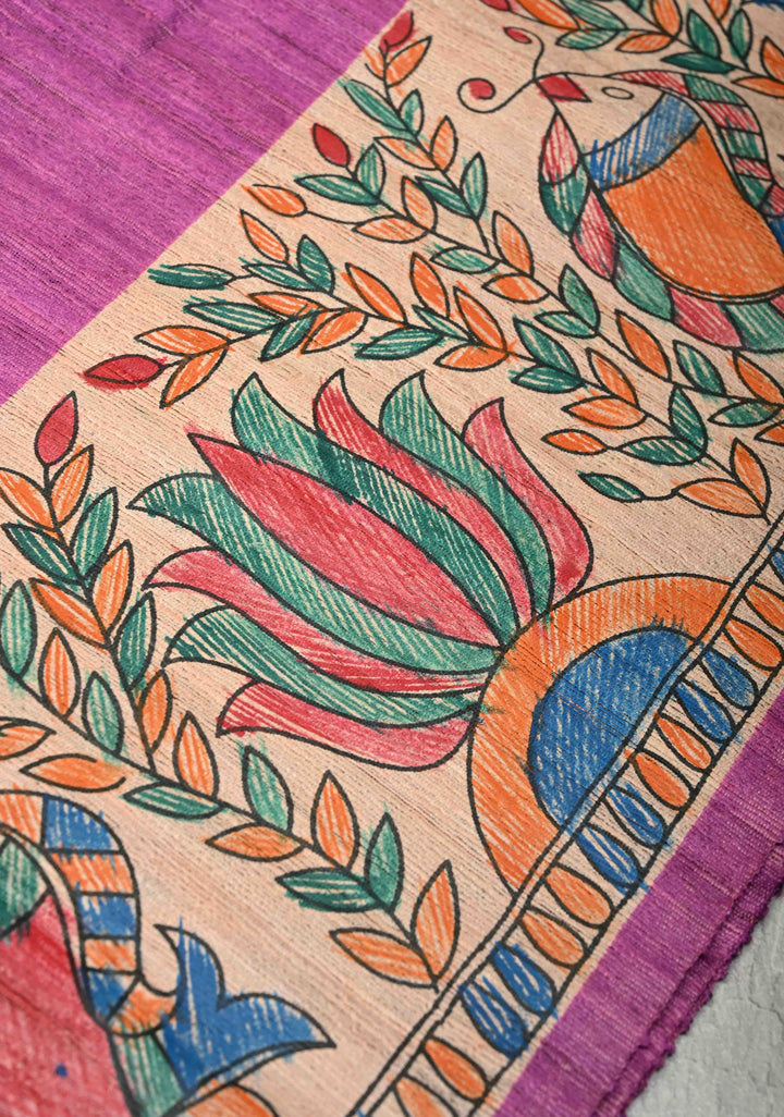 Rose Pink Madhubani hand painting on Geecha Tussar Silk Saree | SILK MARK CERTIFIED