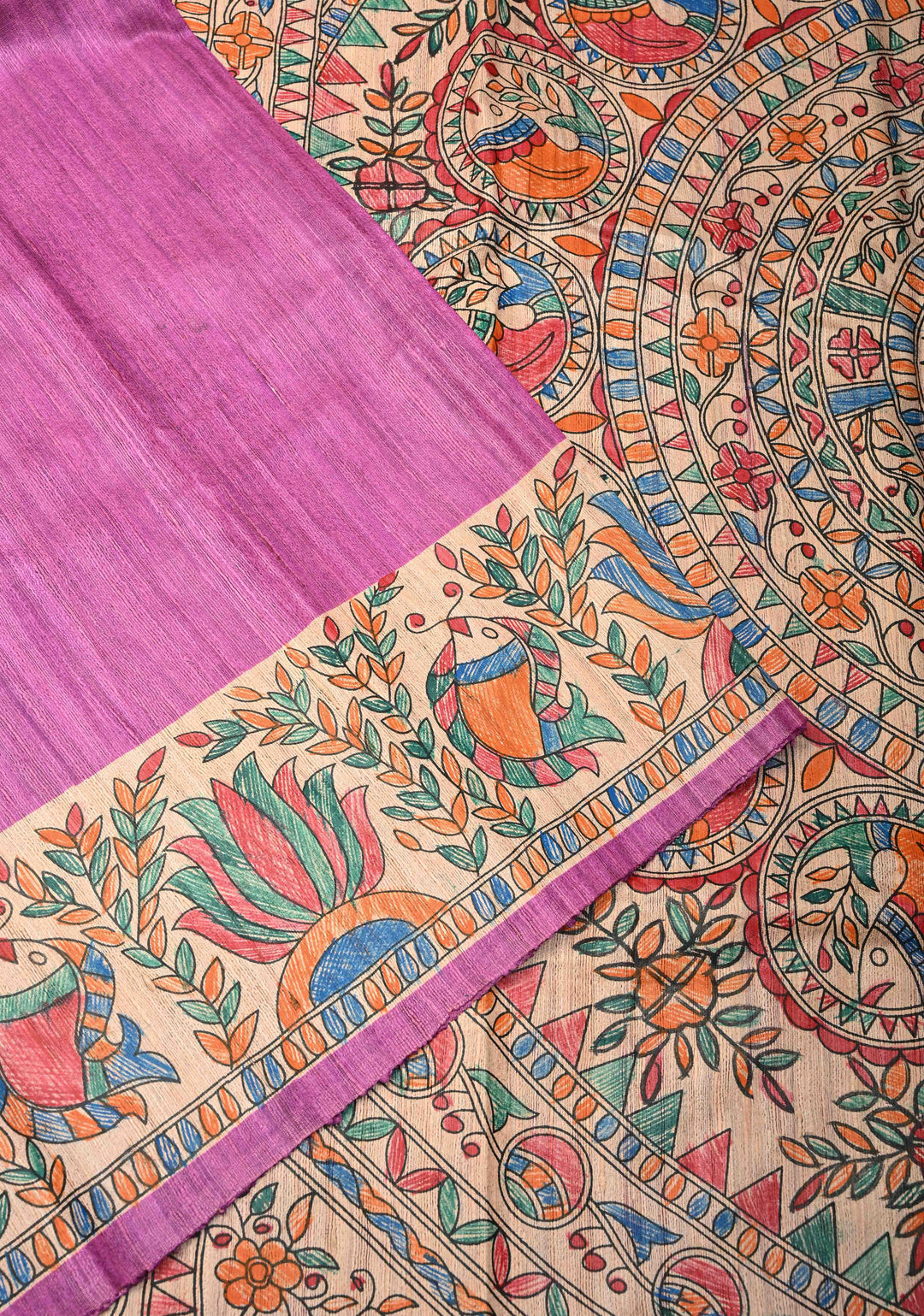 Rose Pink Madhubani hand painting on Geecha Tussar Silk Saree | SILK MARK CERTIFIED