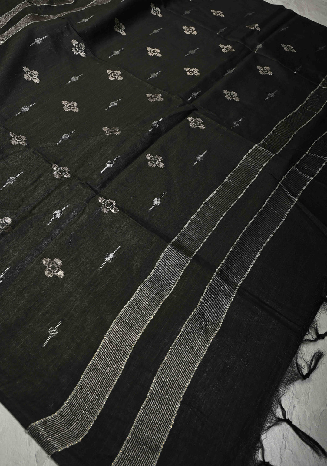 Black Borderless Semi Tussar Tissue Saree with Thread and Zari Buttas