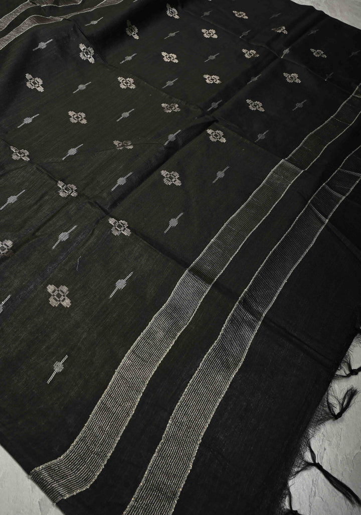 Black Borderless Semi Tussar Tissue Saree with Thread and Zari Buttas