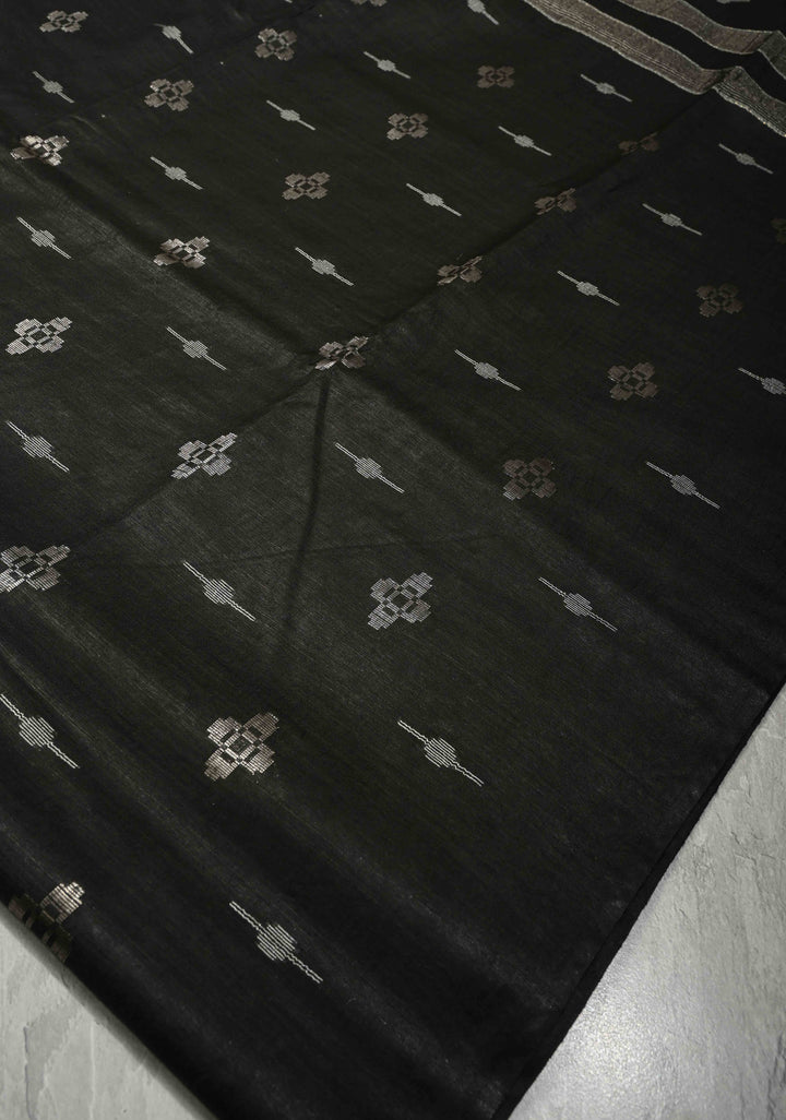 Black Borderless Semi Tussar Tissue Saree with Thread and Zari Buttas