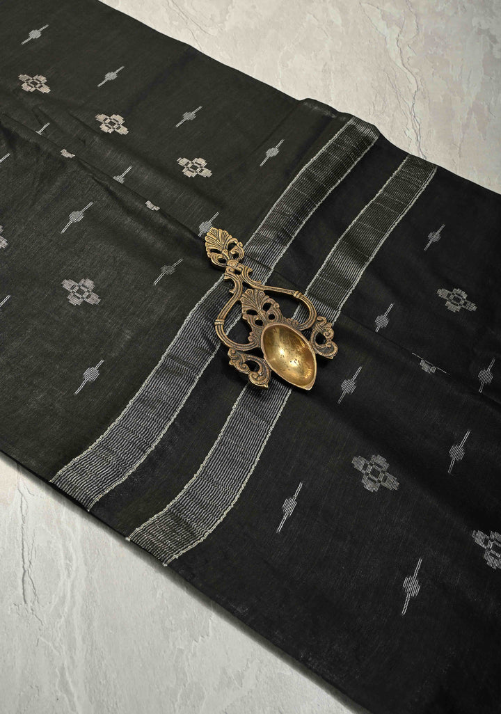 Black Borderless Semi Tussar Tissue Saree with Thread and Zari Buttas