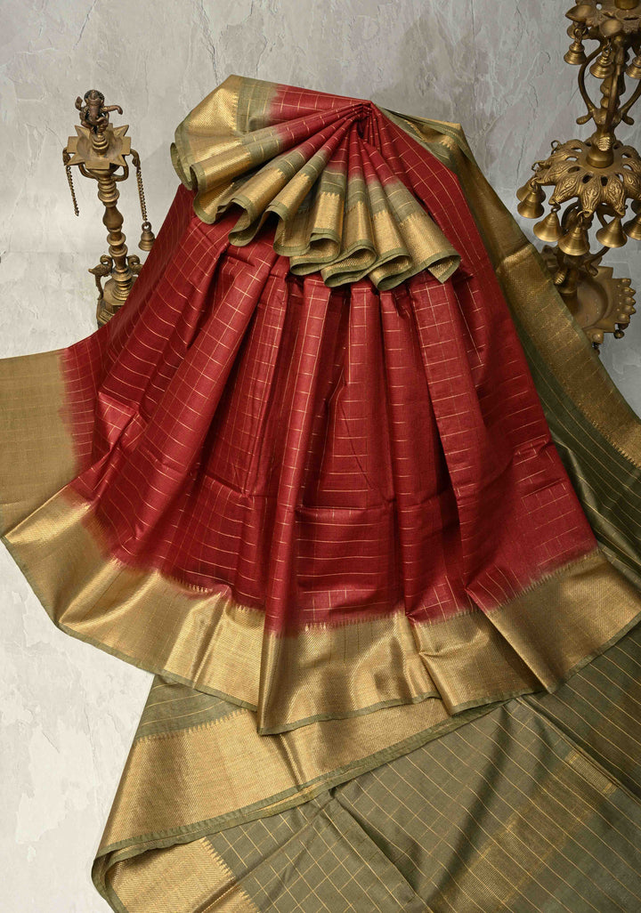 Maroon Checks Semi Tussar Saree with Zari Border | SHOBITAM