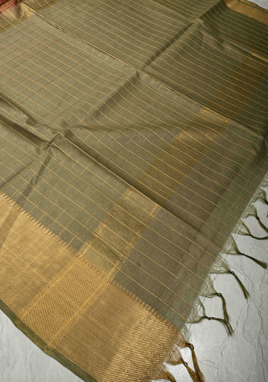 Maroon Checks Semi Tussar Saree with Zari Border | SHOBITAM