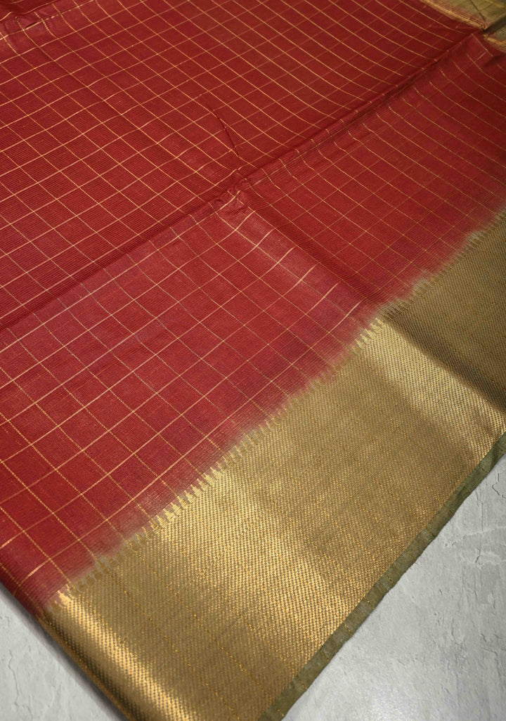Maroon Checks Semi Tussar Saree with Zari Border | SHOBITAM