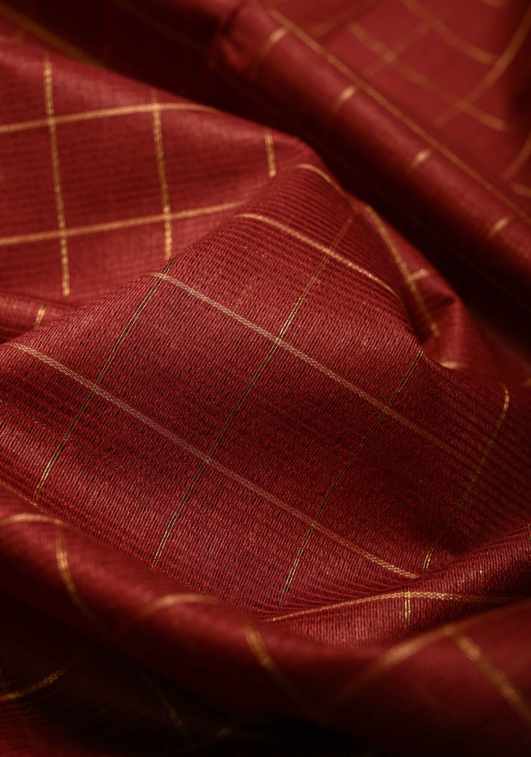 Maroon Checks Semi Tussar Saree with Zari Border | SHOBITAM