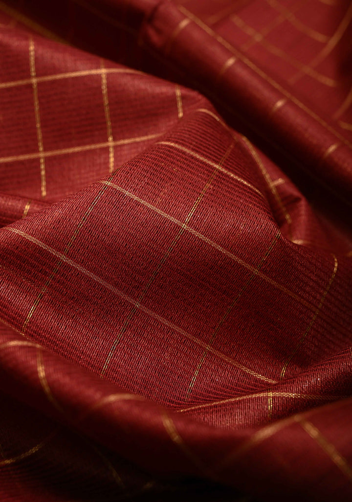 Maroon Checks Semi Tussar Saree with Zari Border | SHOBITAM