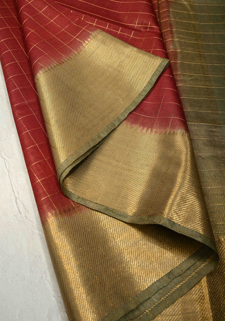 Maroon Checks Semi Tussar Saree with Zari Border | SHOBITAM