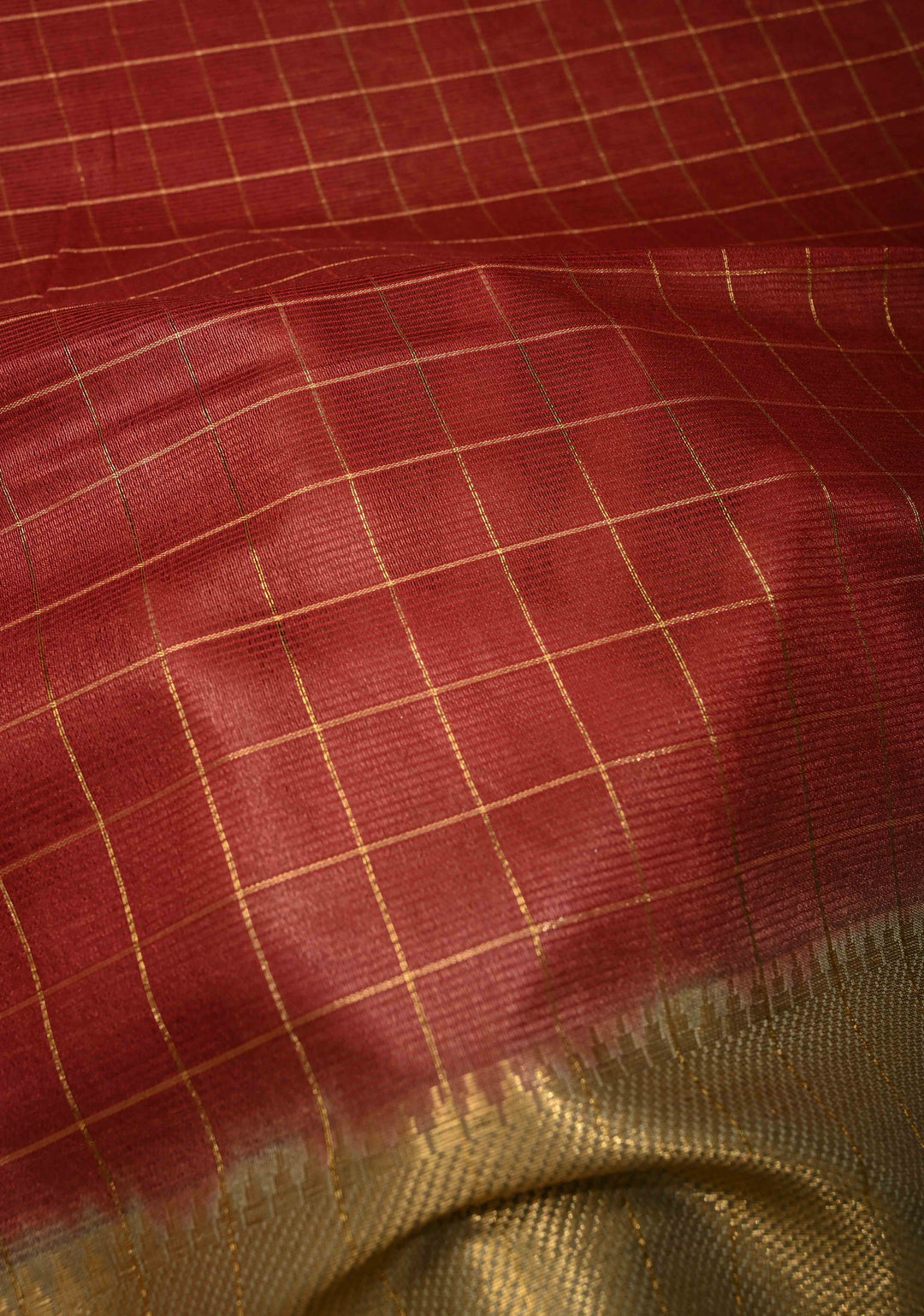 Maroon Checks Semi Tussar Saree with Zari Border | SHOBITAM