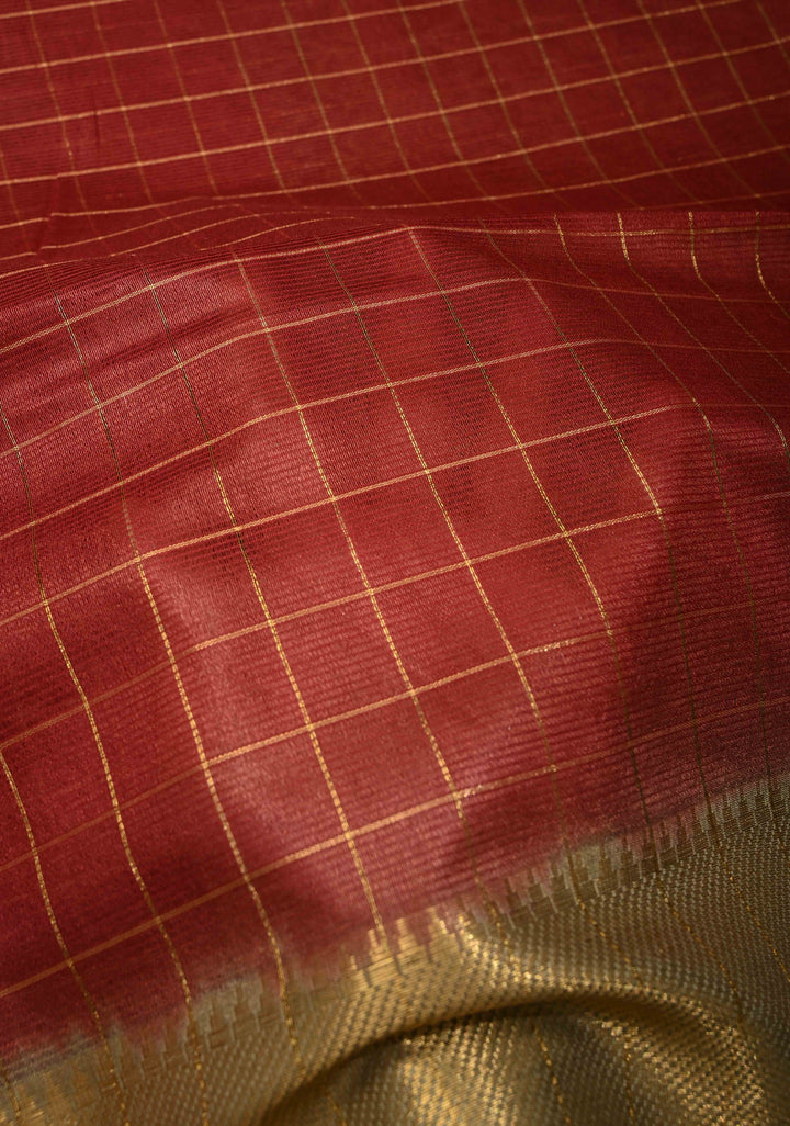 Maroon Checks Semi Tussar Saree with Zari Border | SHOBITAM