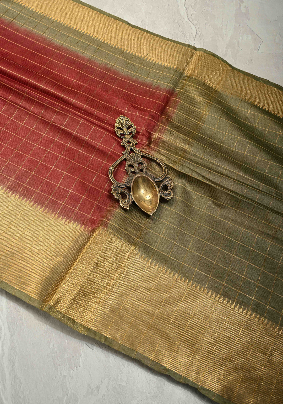 Maroon Checks Semi Tussar Saree with Zari Border | SHOBITAM