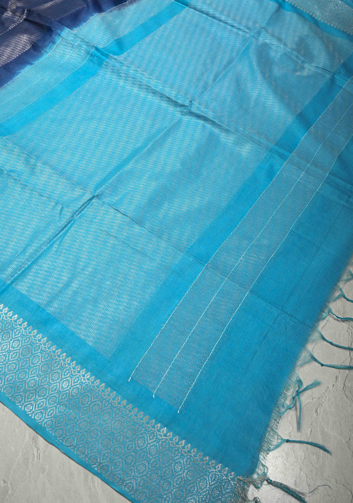 Navy Blue Semi Tussar Tissue Saree with Contrast Silver Zari Border