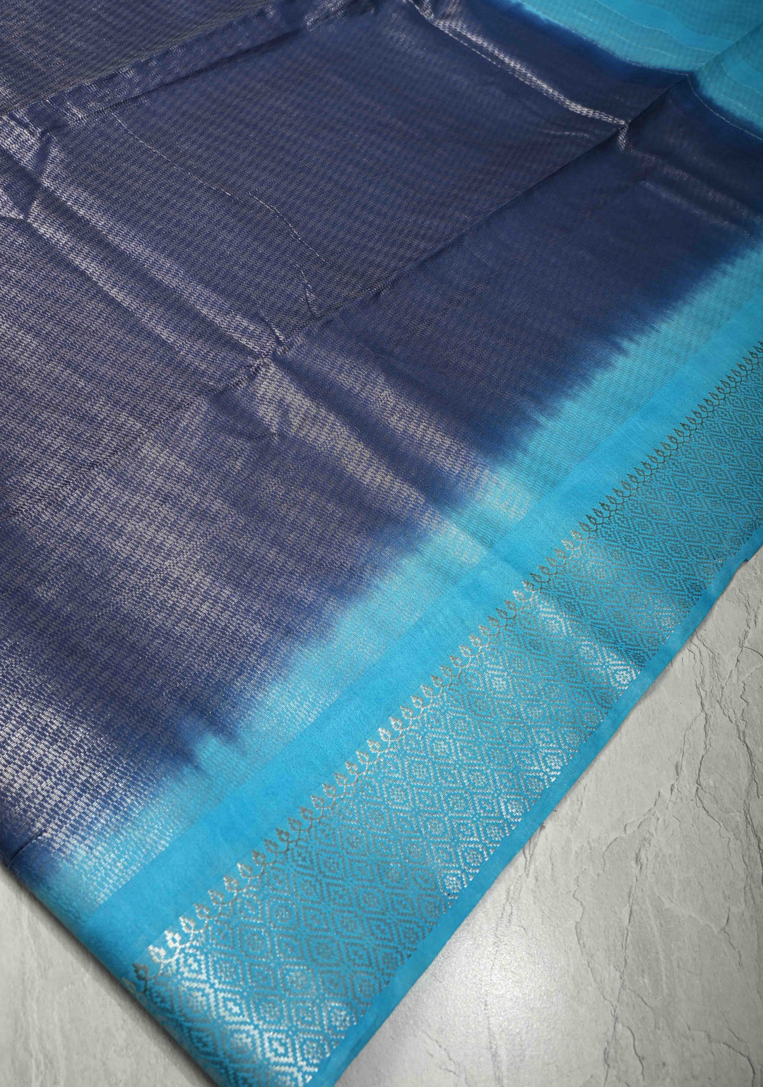 Navy Blue Semi Tussar Tissue Saree with Contrast Silver Zari Border