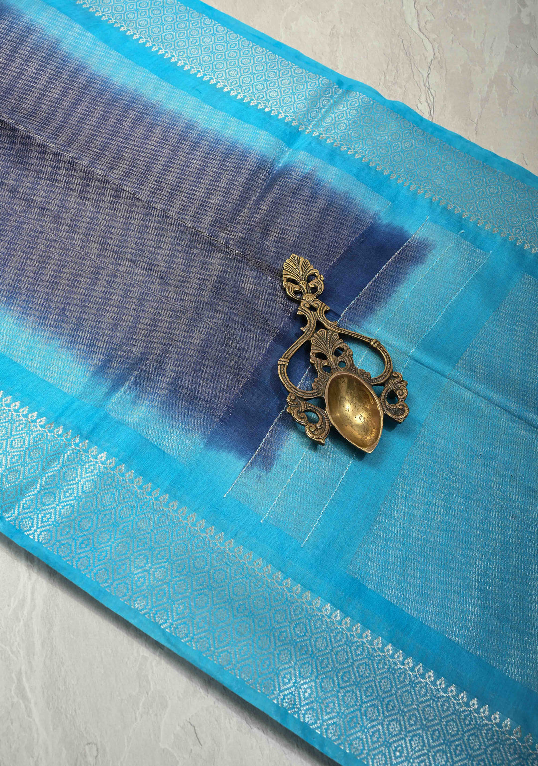 Navy Blue Semi Tussar Tissue Saree with Contrast Silver Zari Border