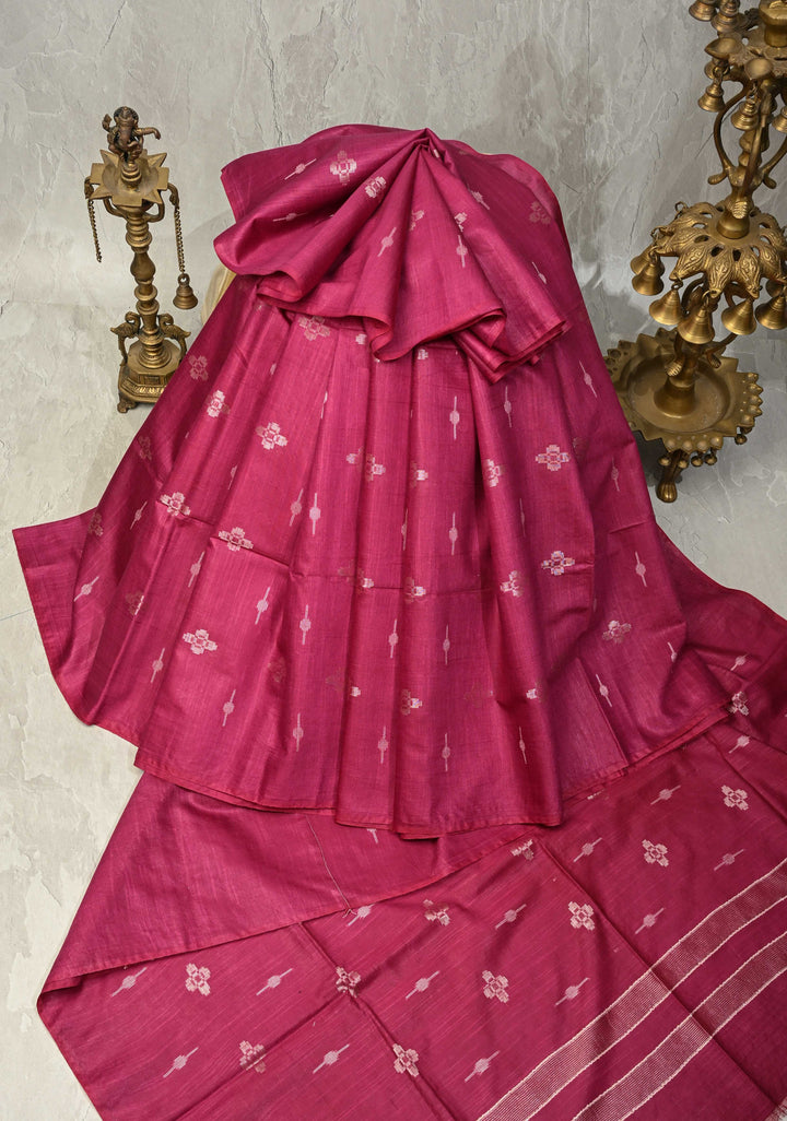 Magenta Borderless Semi Tussar Saree with Zari-Thread Buttas