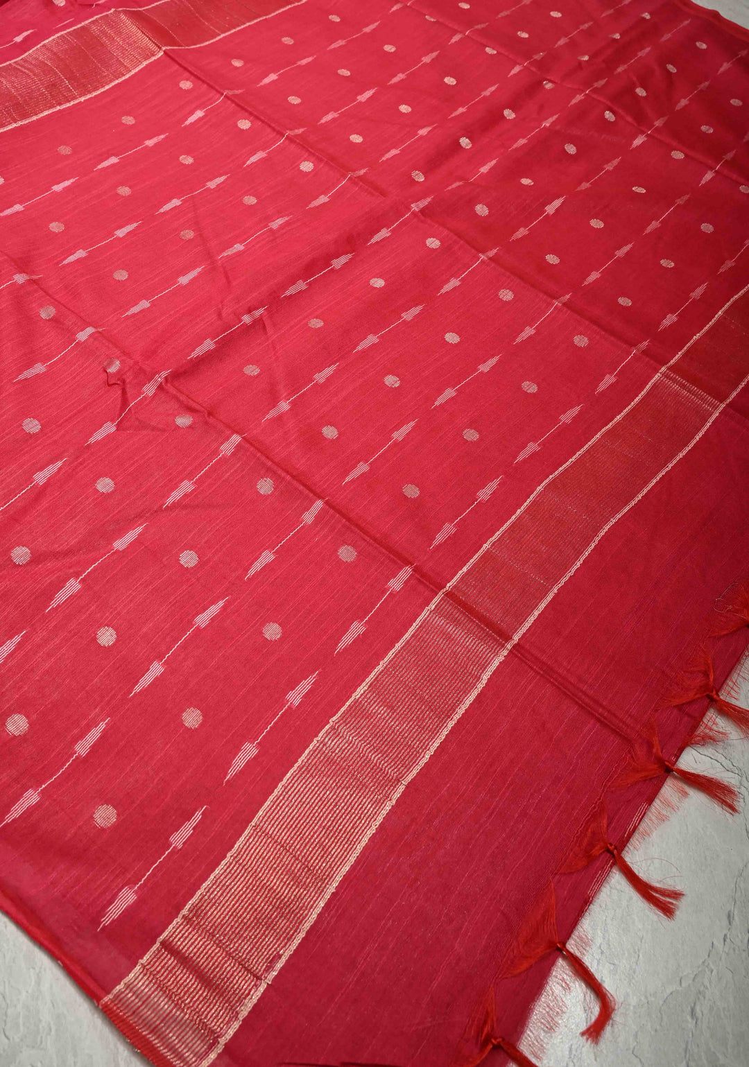 Deep Pink Borderless Semi Tussar Saree with Zari Polka Dots and Thread Stripes