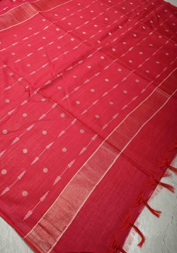 Deep Pink Borderless Semi Tussar Saree with Zari Polka Dots and Thread Stripes