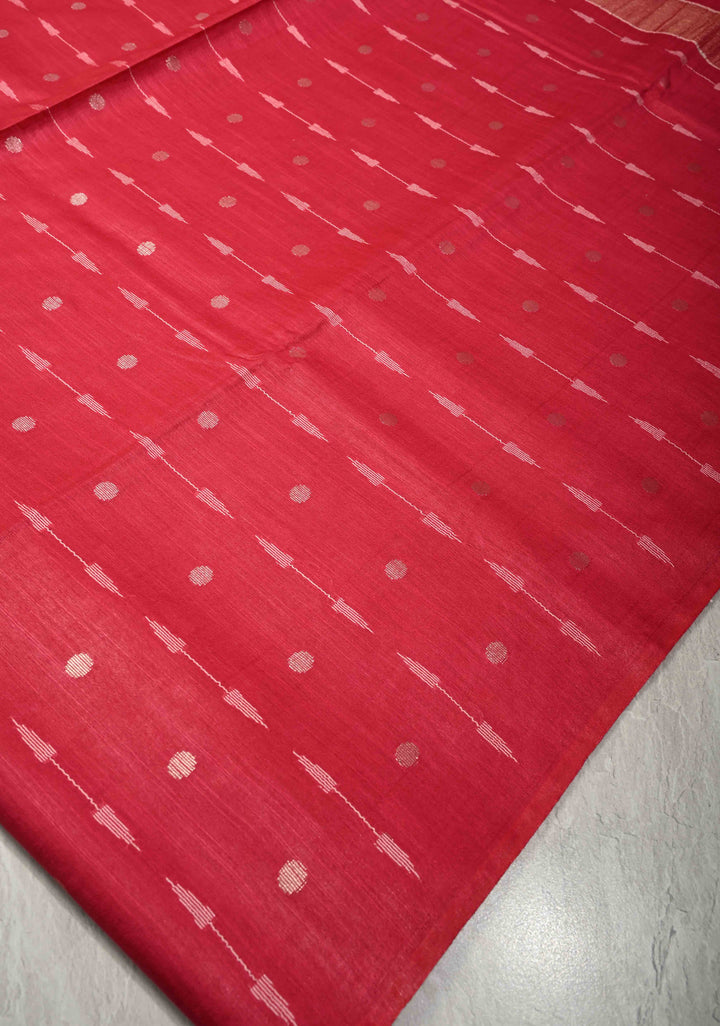 Deep Pink Borderless Semi Tussar Saree with Zari Polka Dots and Thread Stripes