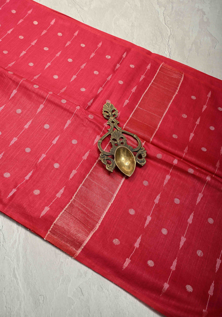 Deep Pink Borderless Semi Tussar Saree with Zari Polka Dots and Thread Stripes