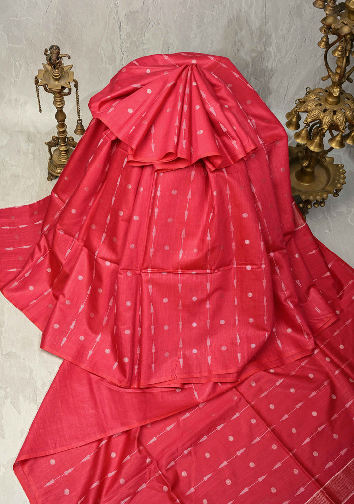 Deep Pink Borderless Semi Tussar Saree with Zari Polka Dots and Thread Stripes