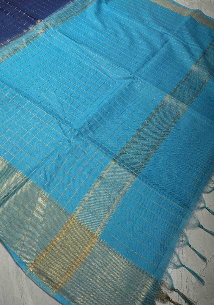 Navy Blue Semi Tussar Tissue Saree with Zari Checks and Contrast Zari Border