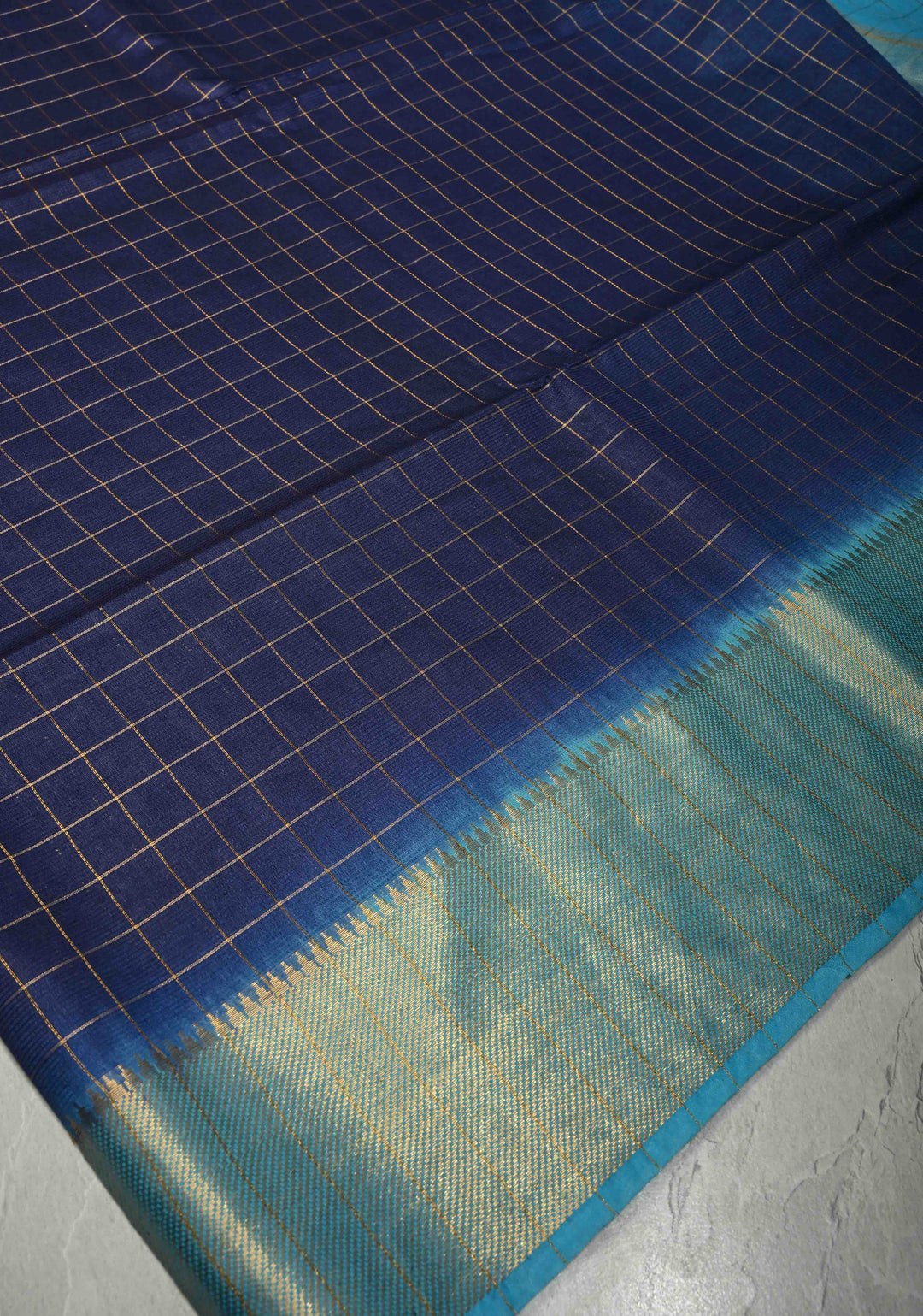 Navy Blue Semi Tussar Tissue Saree with Zari Checks and Contrast Zari Border