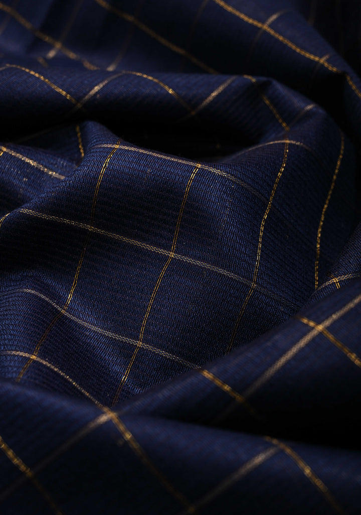Navy Blue Semi Tussar Tissue Saree with Zari Checks and Contrast Zari Border