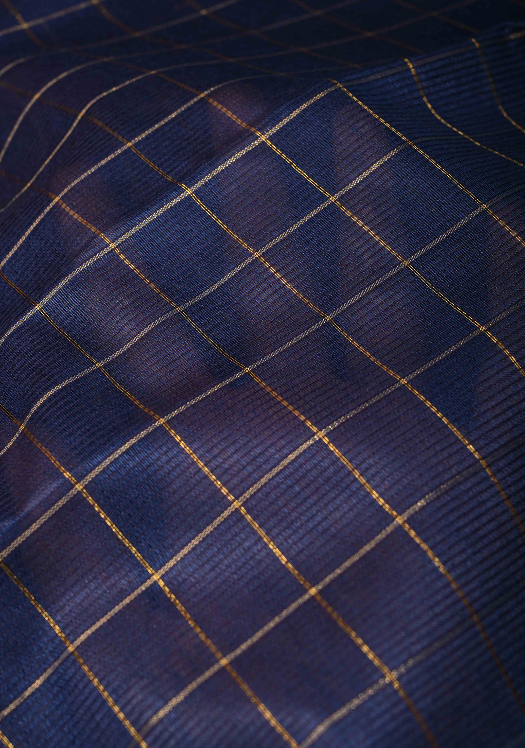Navy Blue Semi Tussar Tissue Saree with Zari Checks and Contrast Zari Border