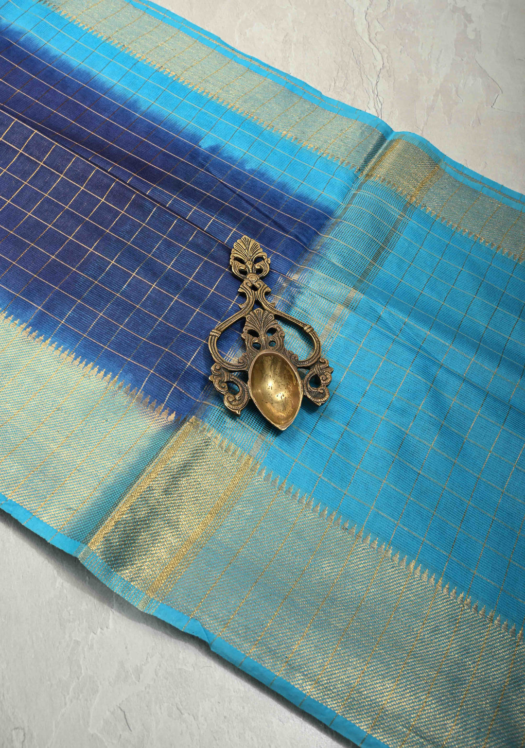 Navy Blue Semi Tussar Tissue Saree with Zari Checks and Contrast Zari Border