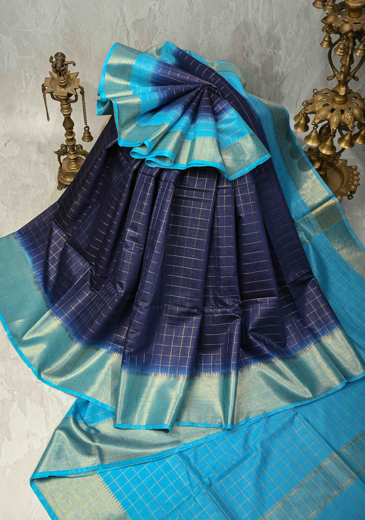 Navy Blue Semi Tussar Tissue Saree with Zari Checks and Contrast Zari Border