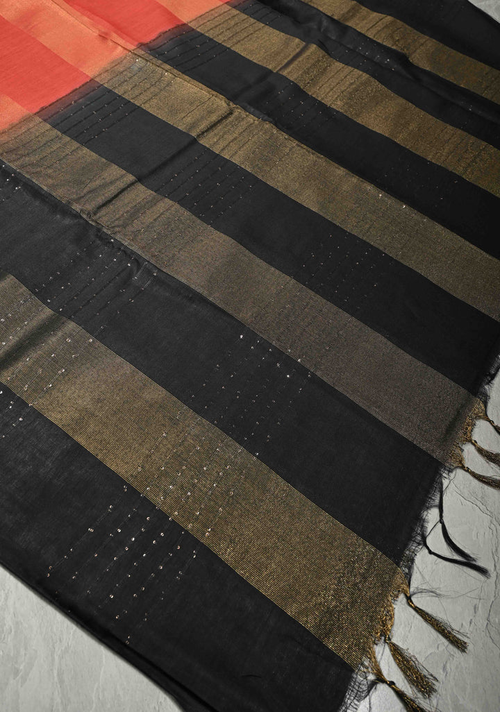 Vermilion Red Borderless Semi Tussar Saree with Muted Tissue Panel and Contrast Sequins Pallu