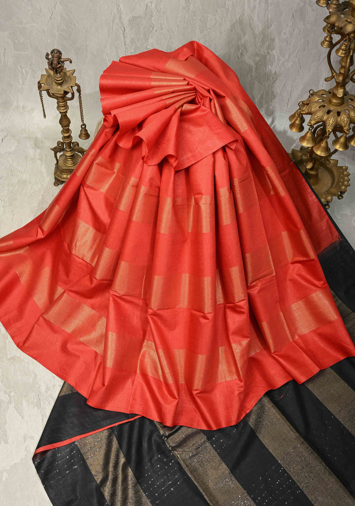 Vermilion Red Borderless Semi Tussar Saree with Muted Tissue Panel and Contrast Sequins Pallu