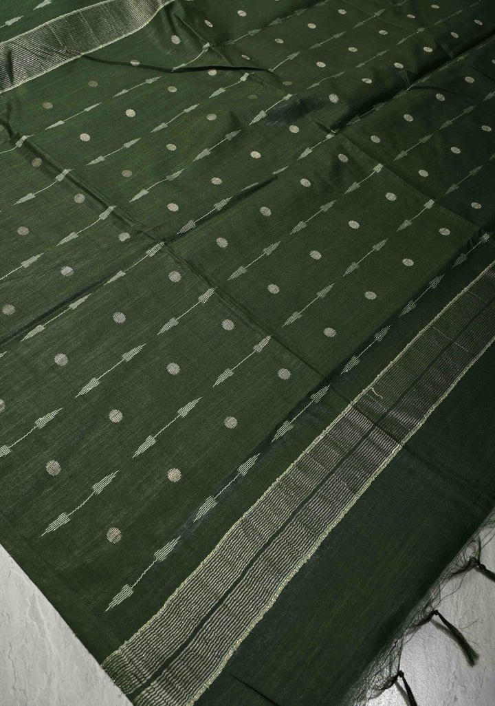 Forest Green Borderless Semi Tussar Saree with Zari Polka Dots and Thread Stripes | SHOBITAM